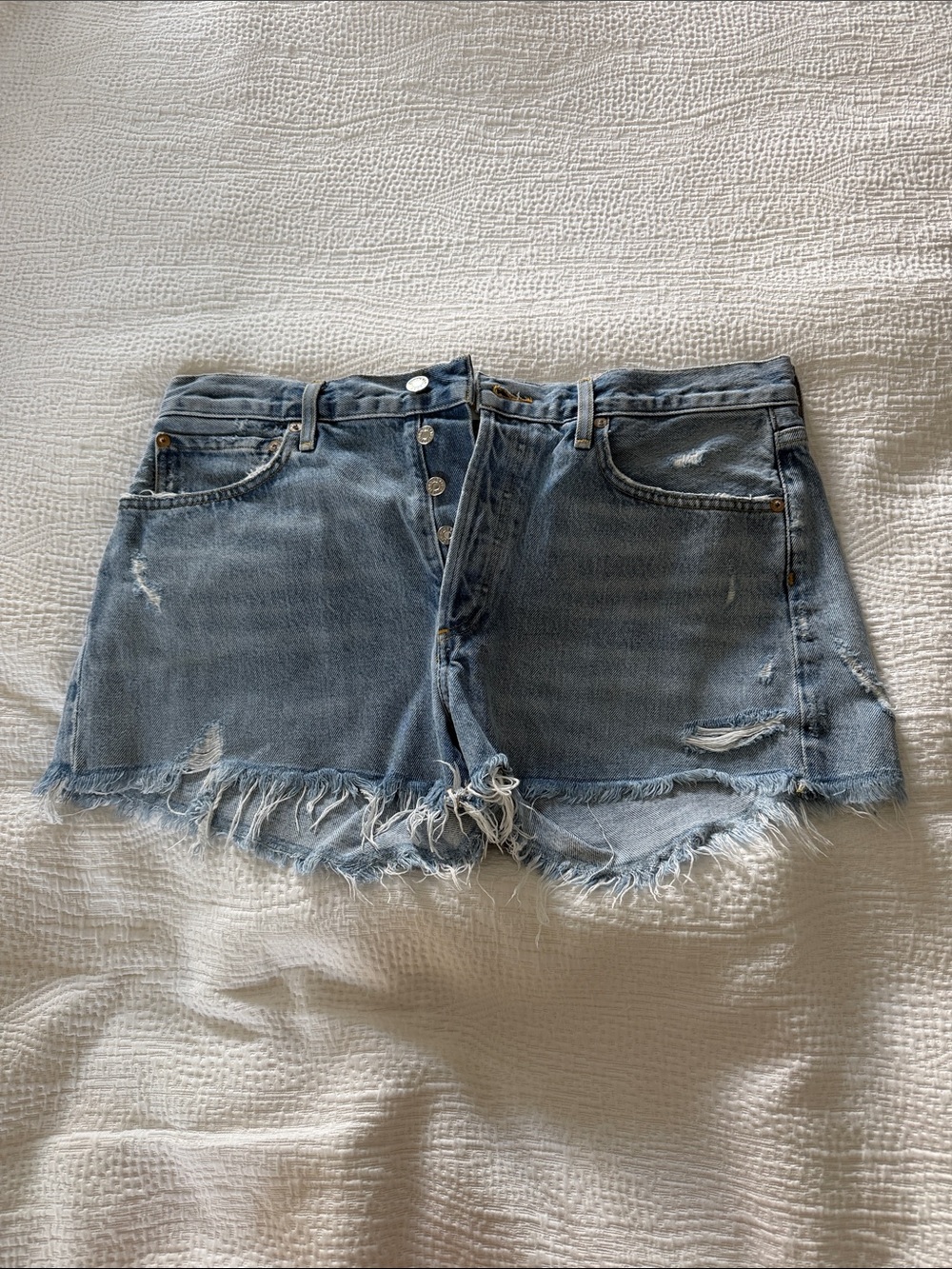 Agolde Light Blue Distressed Denim Cutoff Shorts